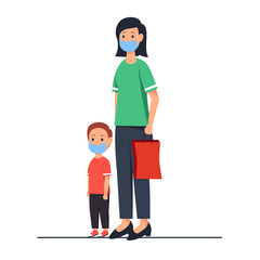 Fototapeta na wymiar vector illustration of a mother and child. stick to health protocols when shopping. wear masks. white background