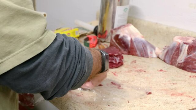 Hunter processing wild game; preparing to freeze venison steaks by wrapping the steaks in plastic wrap