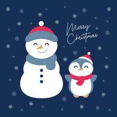 Fototapeta premium christmas snowman and happy penguin