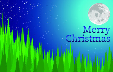 Christmas in the spruce forest. Vector illustration. Against the background of the night sky there are fir trees illuminated by a bright moon. The starry sky complements the plot. For registration of 