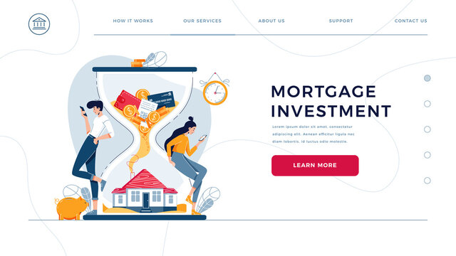 Mortgage Investment Homepage Template. Man And Woman Buy A House And Await For Generating Income From Long-term Property Investing. Rising Housing Market For Web Site Design. Flat Vector Illustration