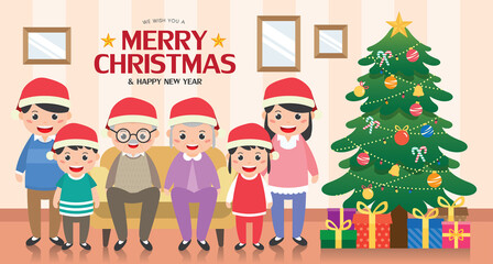 Merry Christmas banner Illustration with happy family reunion and christmas tree in living room.  