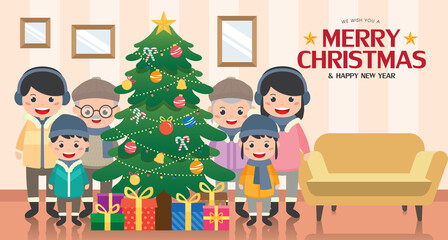 Obraz na płótnie Canvas Merry Christmas banner illustration with happy family wear the winter clothes and christmas tree in living room. 