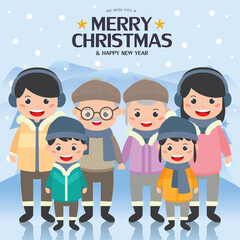 Merry Christmas greeting card illustration with happy family wear the winter clothes at outdoor.