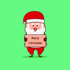 Christmas icon concept.Cute Santa Claus holding a merry christmas board vector icon illustration.Christmas Character Flat Cartoon Style Suitable for Web Landing Page, Banner, Flyer, Sticker, Card