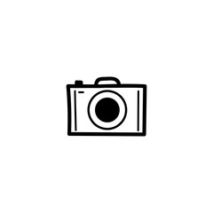 Hand drawn vector doodle illustration. Camera. Black outline isolated on white background