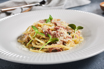 Pasta Carbonara with Bacon and Microgreens