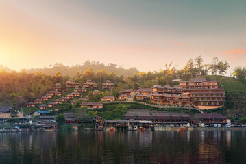 Ban Rak Thai Village is a Chinese settlement with lake during sunset in Mae Hong Son province near Chiangmai, Thailand.