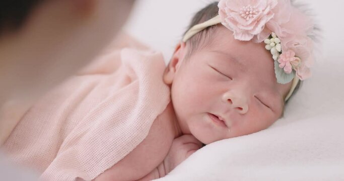 Newborn Photographer Costume Adorable Sleeping Baby. Backstage Of The Shooting Newborns Photography