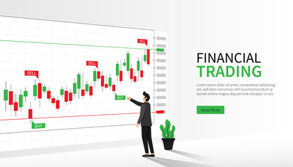 Landing page template of financial trading. Man analyzing indicator of forex trading symbol.