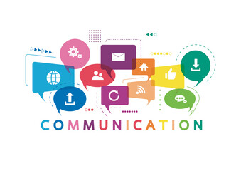 Vector illustration of a communication concept. The word communication with colorful dialog speech bubbles