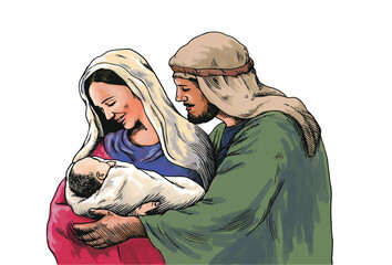 Hand drawn illustration of Joseph and Mary holding baby Jesus