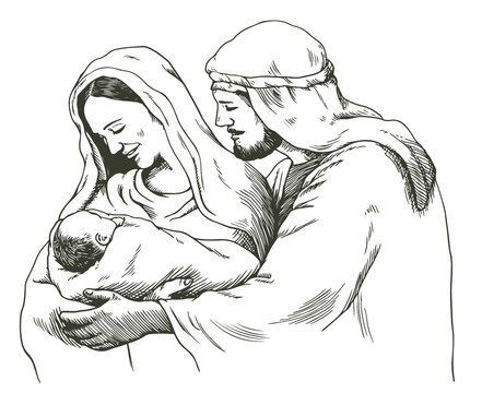 Hand drawn illustration of Joseph and Mary holding baby Jesus