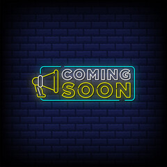 Obraz premium Coming soon neon signs style text design with megaphone sign
