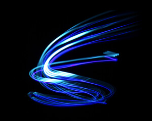 Colorful Neon light painting effect. Abstract luminous swirl tail Lights shape at motion on isolated with black background. - obrazy, fototapety, plakaty