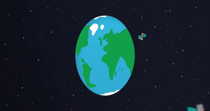 Planet earth with satellites animation, cute cartoon zoom in of earth