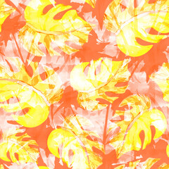watercolor abstract monstera leaves seamless orange pattern
