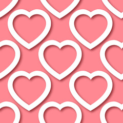 Cute romantic paper cut hearts on pink background seamless border pattern. Saint Valentine Day vector repeatable background texture tile. Cozy craft template of stock illustration for wrapping design