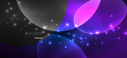 Neon ellipses abstract backgrounds. Shiny bright round shapes glowing in the dark. Vector futuristic illustrations for covers, banners, flyers and posters and other