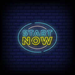 Obraz premium Start now neon signs style text design in blue abstract bricks background