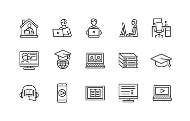 Online education and remote work flat line icons set. Study and job from home. Editable strokes.
