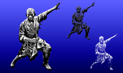 Fototapeta premium Ancient Shoalin monk warrior statues in a woodcut style, contains highlight and shadow versions
