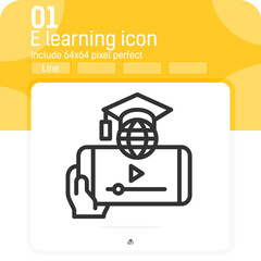 E learning on smartphone icon with outline style isolated on white background. Vector illustration Elearning sign symbol icon concept for web design, ui, ux, website, education, online and technology