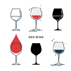 Set of glasses with red wine in different styles. Shot glass drinks. Template alcohol beverage for restaurant, bar, pub. Symbol party. Collection one drink. Isolated flat illustration on background.