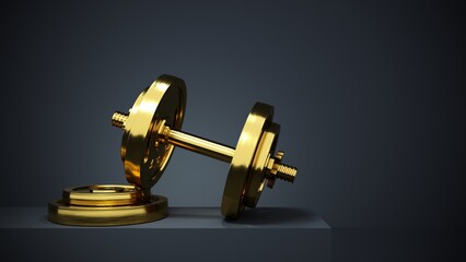 3d rendering, one gold professional dumbbell for fitness and bodybuilding on black background