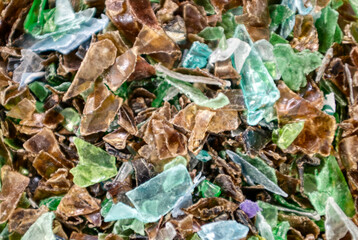 Multicolored shredded PET plastic.