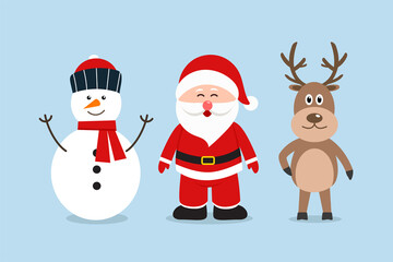 Merry Christmas. Santa Claus, snowmen and reindeer in a flat design. Vector illustration