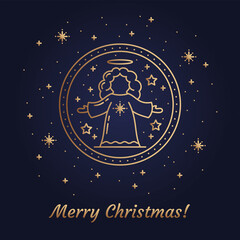 Naklejka premium Vector Golden illustration of Christmas symbol Native Angel Icon and Emblem concept. Flat vector Sign, Outline illustration Isolated on Gradient Background from Magic navy blue to black and Snowflakes