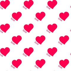 Vector seamless pattern of hearts and words amore. Hearts are symbols of love painted with bright red color. Romantic background.