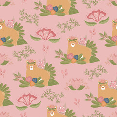 Fashionable seamless floral pattern with bear on . Fabric design with simple pink flowers. Vector cute repeating pattern for fabric, Wallpaper or wrapping paper