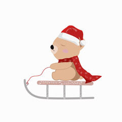 Vector illustration of a bear on a sleigh. Isolated on a white background. Cartoon bear in a red hat and scarf rides on a sled