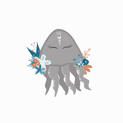 Cute baby octopus vector illustration. Composition octopus and flowers isolated on a white background