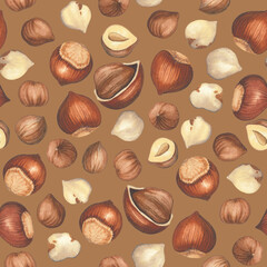 Watercolor seamless pattern of opened and closed hazelnuts.
