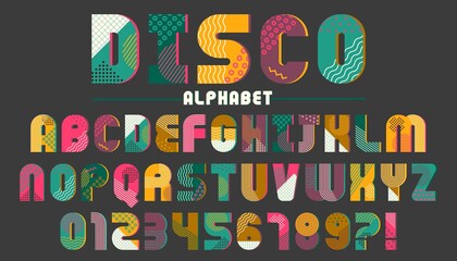 Memphis font, alphabet and numbers set. Graphic vector typeface, typography letters in geometric style. Trendy font design