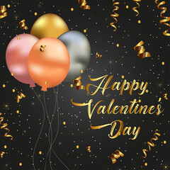 Greeting cards from Valentine's Day. Vector illustration. A festive banner. Happy mood. Golden Serpentine and helium balloons. Metallic imitation balloons. 