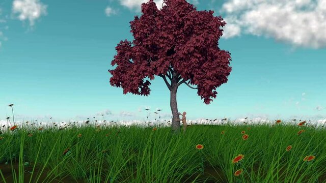 Escena 3d, c&aacute;mara alej&aacute;ndose de un hombre tocando un &aacute;rbol en medio de pasto y flores 