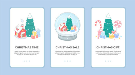 Christmas and New Year mobile screens. User loading or user interface. Holiday sale, Christmas atmosphere, gifts and fir tree web banner . Mobile app vector page template. New year illustrations