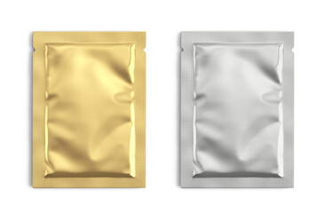 Blank gold and silver metal sachet packet isolated on white. Small pack sachet mockup. 3d rendering - obrazy, fototapety, plakaty