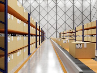 3D render - Rows of shelves with goods boxes in modern industry warehouse store at factory warehouse storage, nterior of a warehouse in the logistic center, conveyor line in a factory.