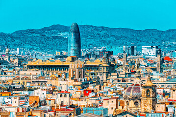 Agbar Tower ( Torre Glories ) and panorama of the center of Barc