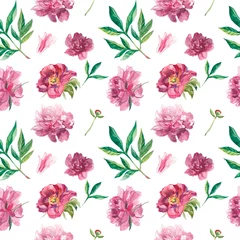 Foto op Aluminium Aquarel naadloze patroon met roze pioenrozen en bladeren. Bloemen, botanische, delicate print op witte geïsoleerde achtergrond hand getrokken. Ontwerp voor behang, textiel, verpakking, uitnodigingen, inpakpapier. © Мария Минина