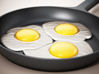 Fried eggs in frying pan. 3D illustration