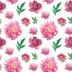  Aquarel naadloze patroon met roze pioenrozen en bladeren. Bloemen, botanische, delicate print op witte geïsoleerde achtergrond hand getrokken. Ontwerp voor behang, textiel, verpakking, uitnodigingen, inpakpapier. © Мария Минина