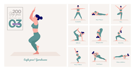 set of yoga poses. Young woman practicing Yoga pose. Woman workout fitness, aerobic and exercises. Vector Illustration.