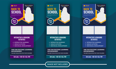Rollup banner design with simple shapes for minimalistic company promotion. Back to school admission roll up a banner template or DL flyer