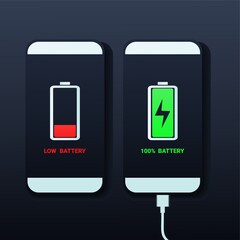 Set of smartphones with low battery and full battery indicators with USB connection. Discharged and fully charged smartphone battery. Illustration vector